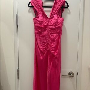 Self-Portrait Off the Shoulder Pink Ruched Satin Maxi Dress